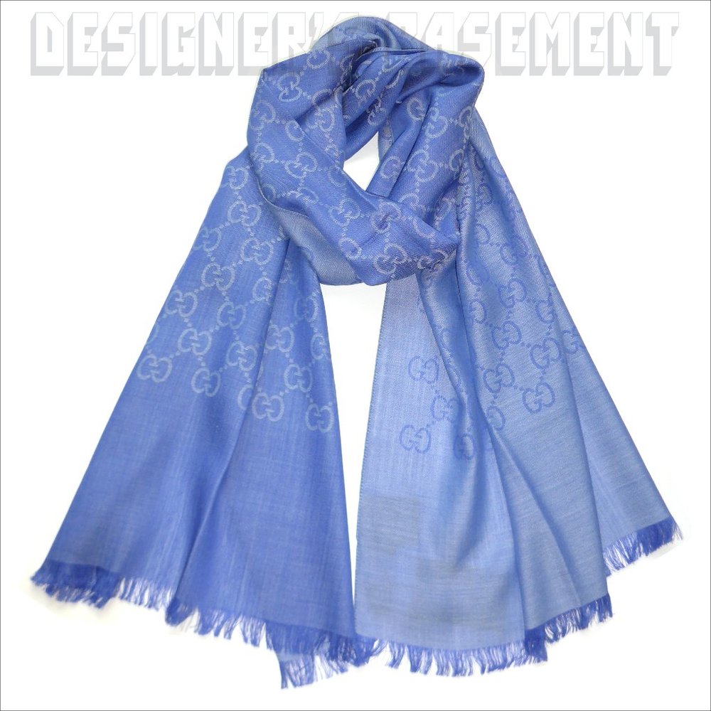 GUCCI Blue & Periwinkle GGNAT wool & silk 18"x70" shawl Pashmina scarf NWT - Picture 6 of 10